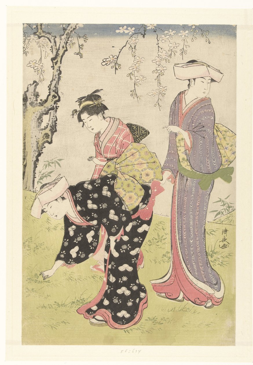 To kvinner og en jente under et blomstrende kirsebærtre Brokader med skikker og skikker i øst (serietittel) Fuzoku Azuma no Nishiki (serietittel) av Torii Kiyonaga