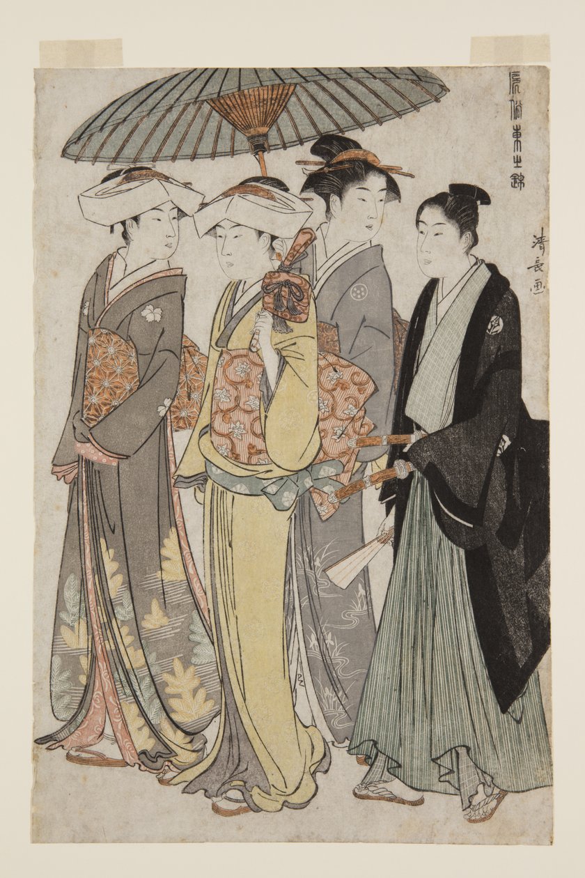 Two Daughters of a Bannerman med en tjenende kvinne og en ung mann (farget treblokktrykk) av Torii Kiyonaga