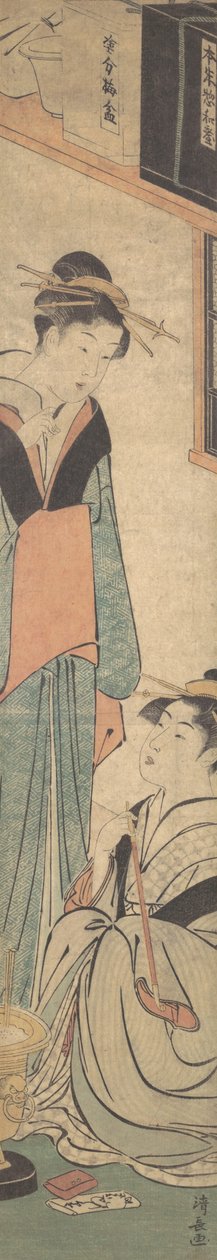 To jenter som snakker i nærheten av Hibachi Fire-Pot, ca. 1785. av Torii Kiyonaga