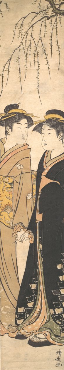 To høye unge kvinner som går hånd i hånd, ca. 1785. av Torii Kiyonaga