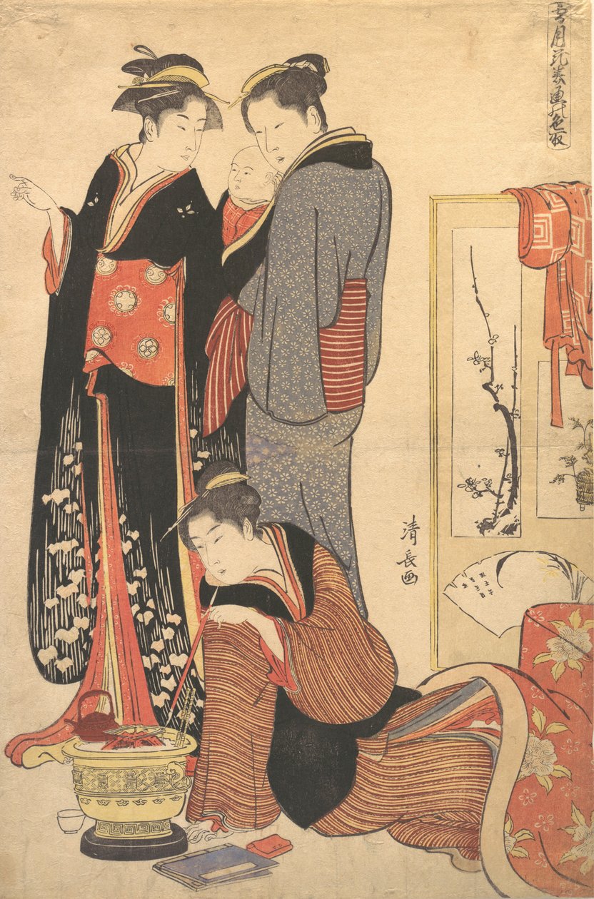 To kvinner som står og holder et barn, ca. 1785. av Torii Kiyonaga