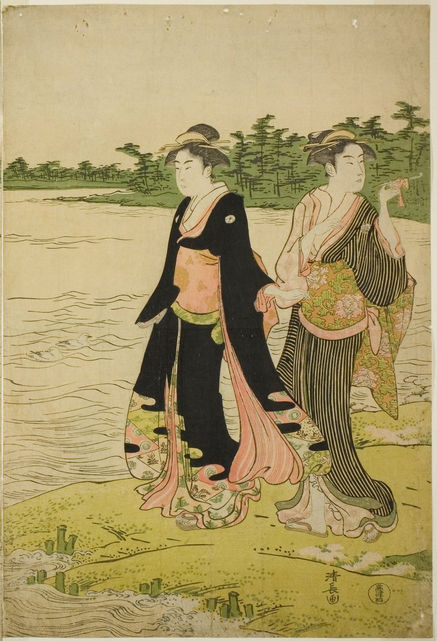 To kvinner som venter på en ferge på Sumida-elven av Torii Kiyonaga