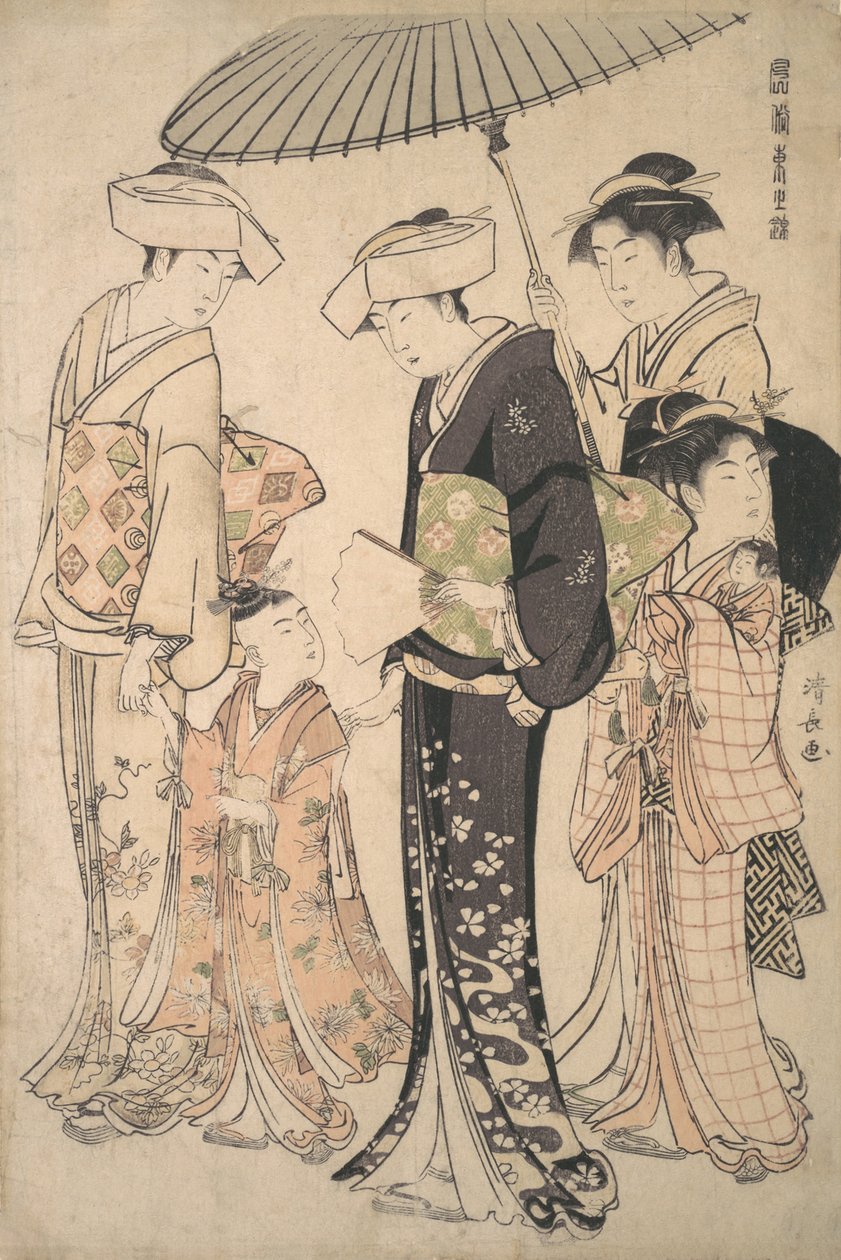 To kvinner i sommerkostyme som tar en ung jente til et Shinto-tempel for Miya Mairi ..., ca. 1783. av Torii Kiyonaga