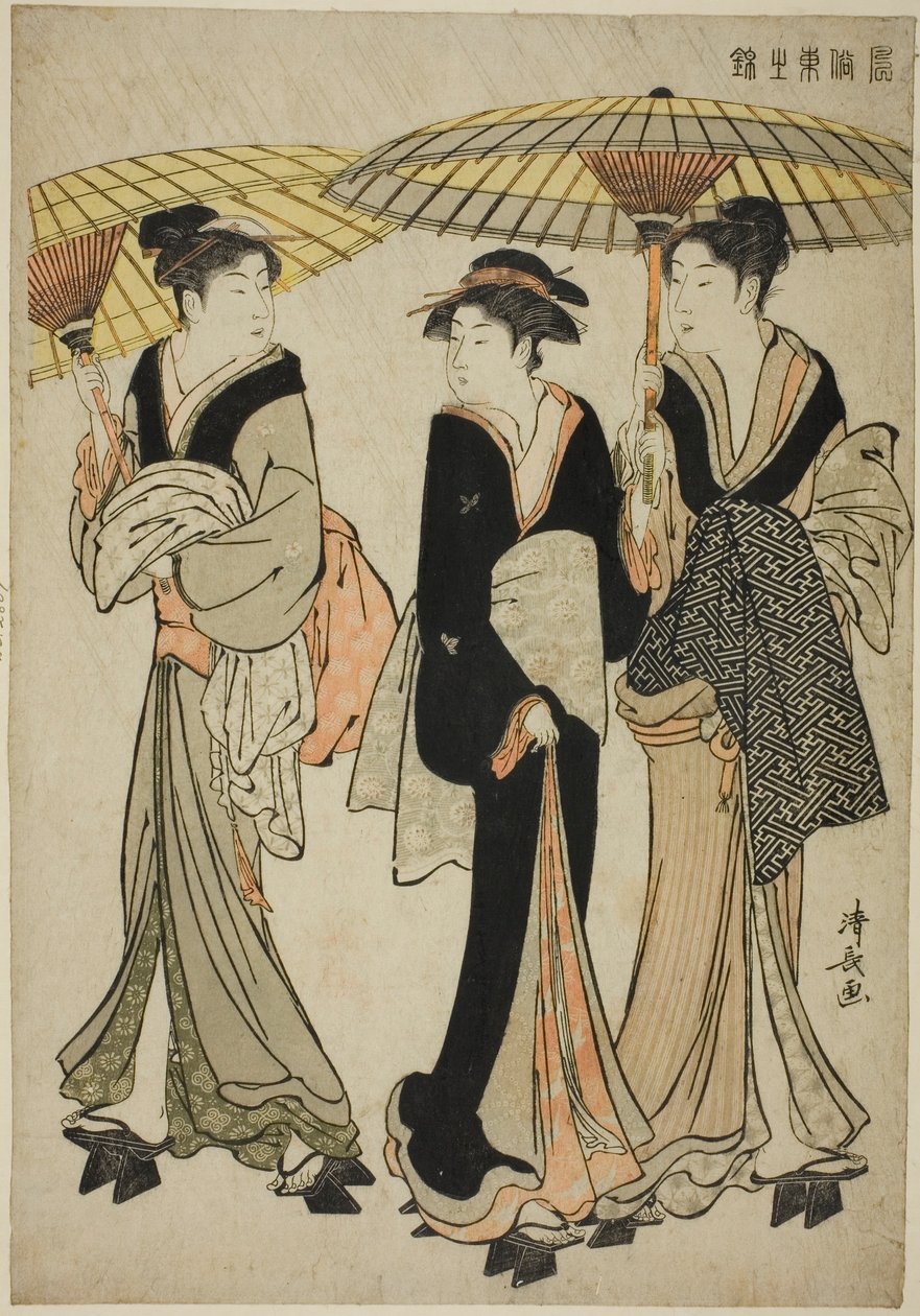 Under Umbrellas in a Shower, fra serien "A Brocade of Eastern Manners (Fuzoku Azuma no nishiki)" av Torii Kiyonaga