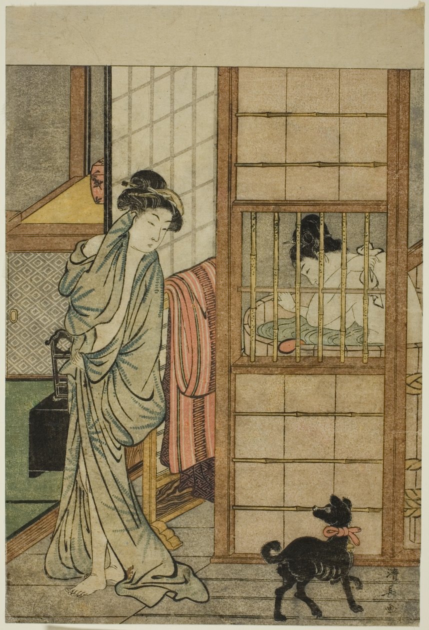 Woman After a Bath, fra "Sammenligning av forlokkende skjønnheter (Irokurabe enpu sugata)" av Torii Kiyonaga