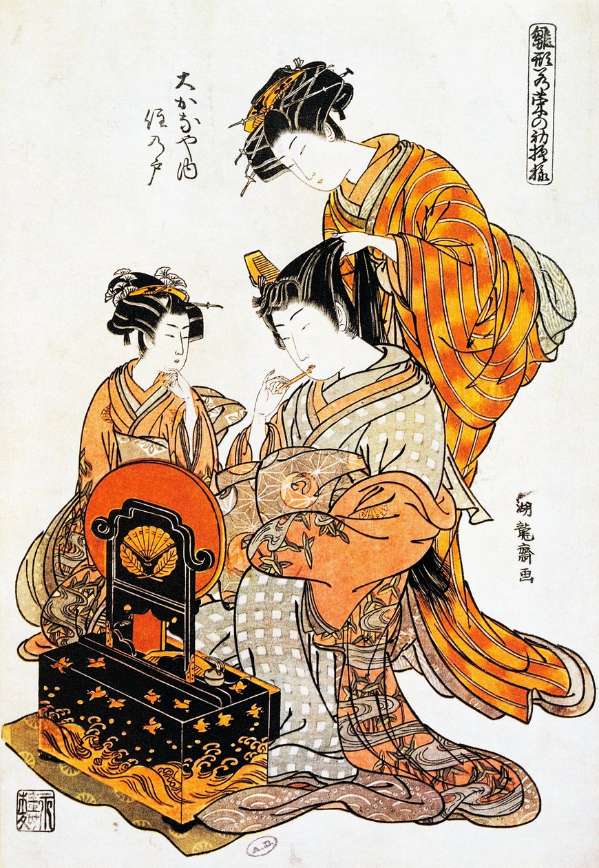 Kvinne foran speilet mens hun har kjemmet håret, ukiyo-e kunsttrykk av Torii Kiyonaga (1751-1815), tresnitt, japansk sivilisasjon, Edo-perioden av Torii Kiyonaga