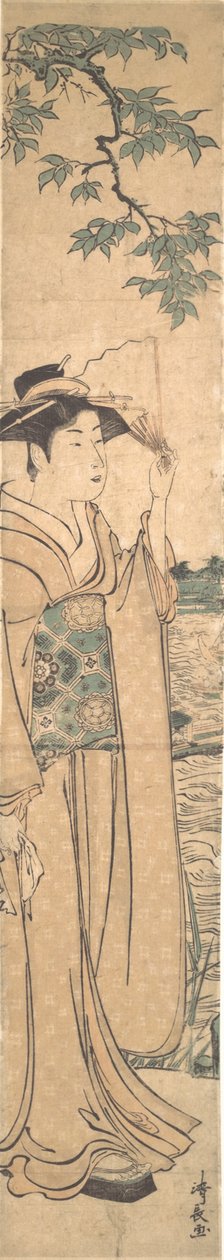 Kvinne med vifte på bredden av Sumida-elven. av Torii Kiyonaga
