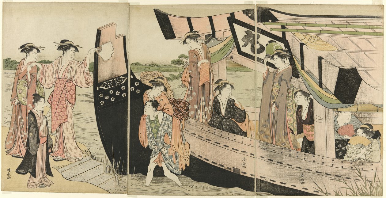Kvinner kommer i land fra en fritidsbåt på Sumida-elven av Torii Kiyonaga