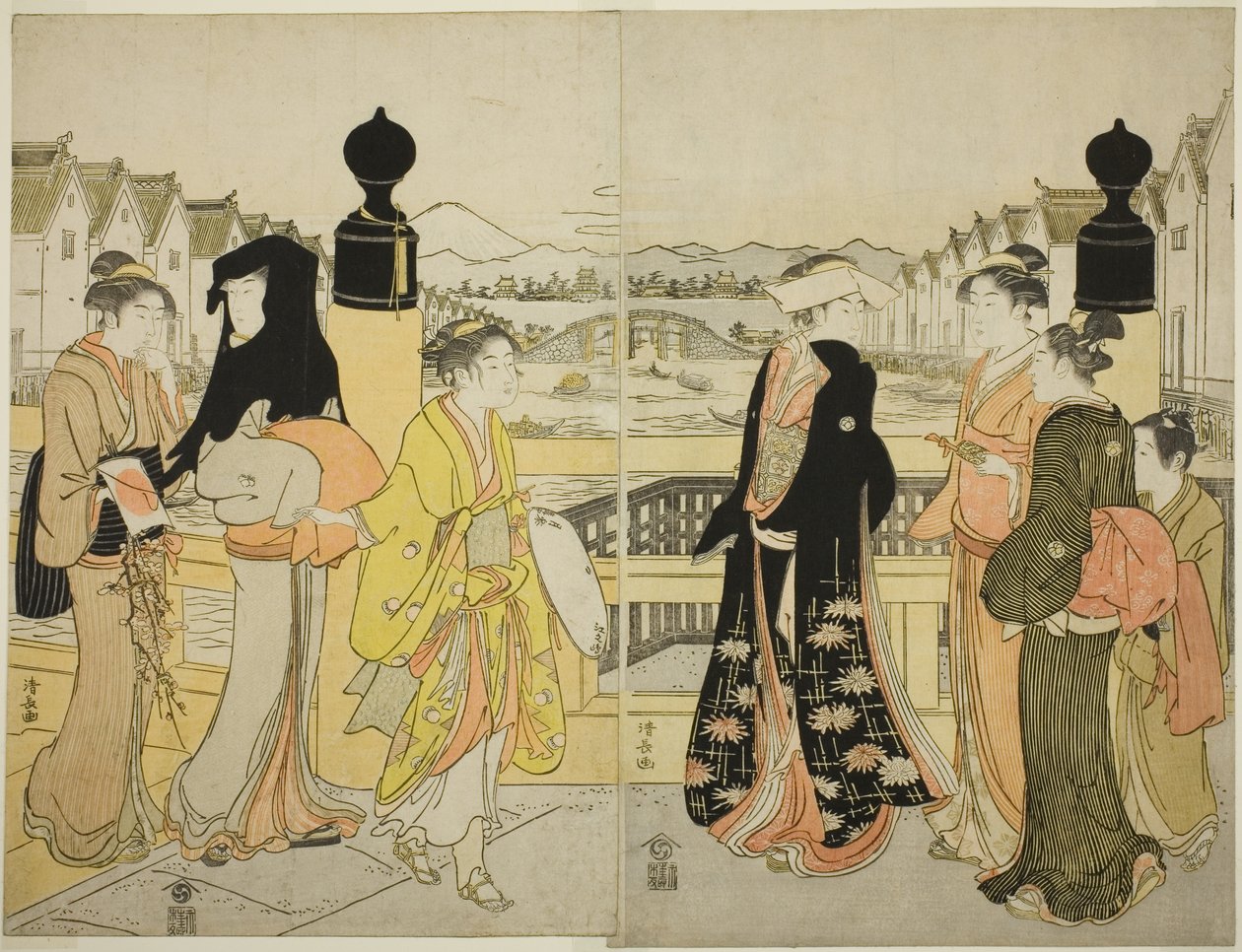 Kvinner krysser Nihonbashi-broen av Torii Kiyonaga