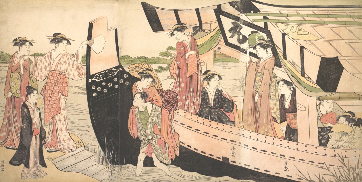 Kvinner som lander fra en fritidsbåt trukket opp til kysten ved Mukojima ved Sumida-elven, ..., ca. 1785. av Torii Kiyonaga