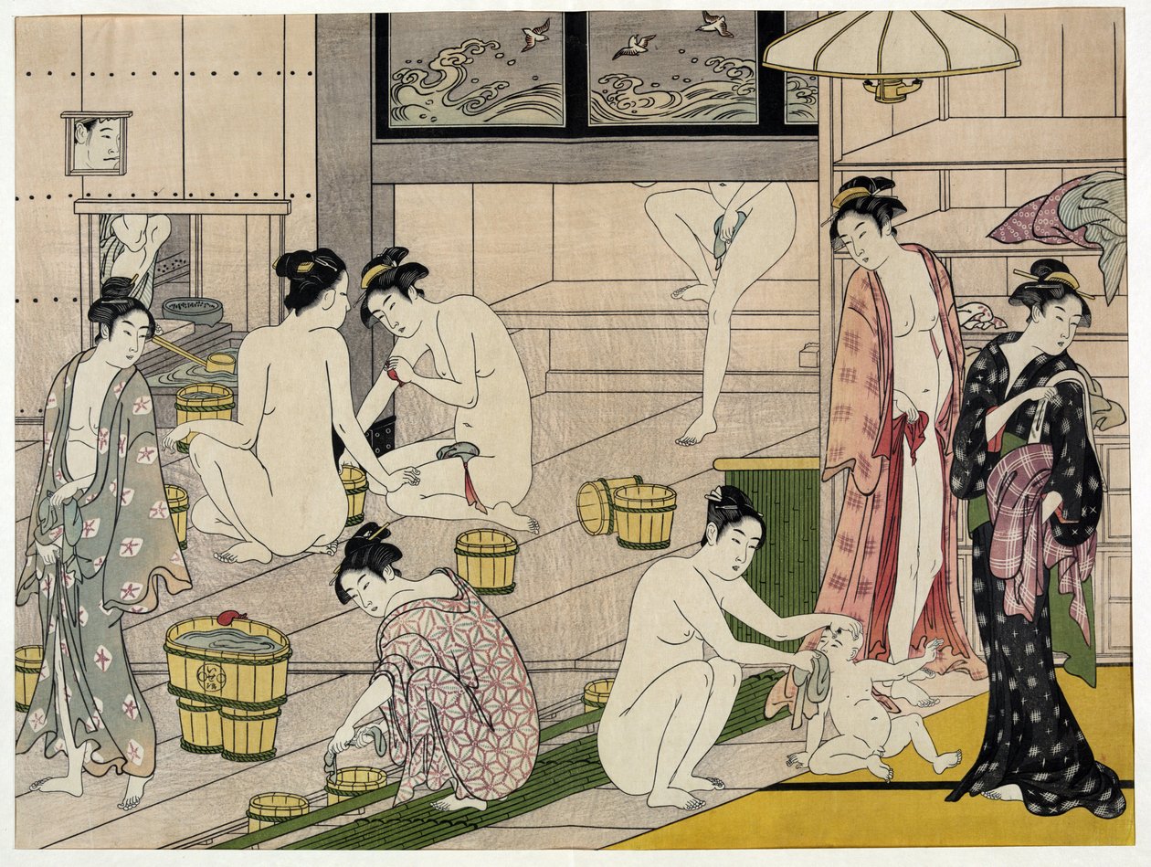 Women in a public bath. Japanese print by Torii Kiyonaga (1752-1815), circa 1785. Torii School (ukiyo-e or ukiyo e). av Torii Kiyonaga