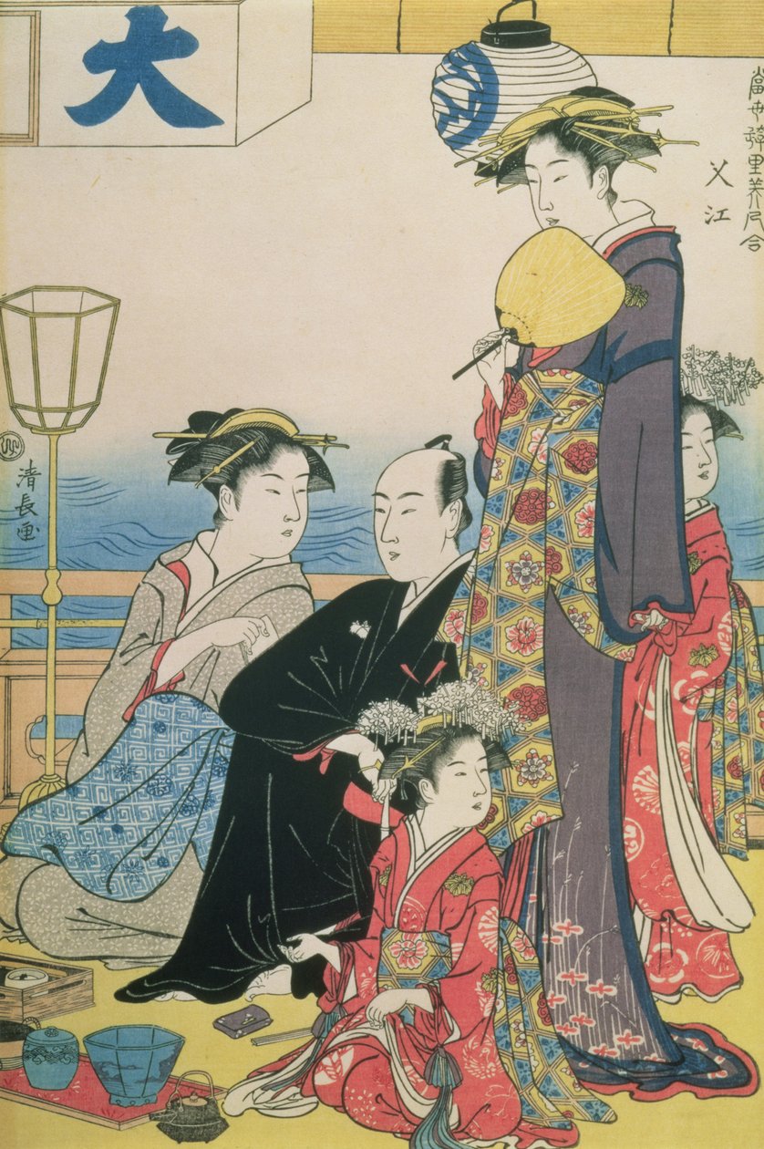 Women of the Gay Quarters, høyre panel av en diptyk (farget treblokktrykk) (se også 114571) av Torii Kiyonaga