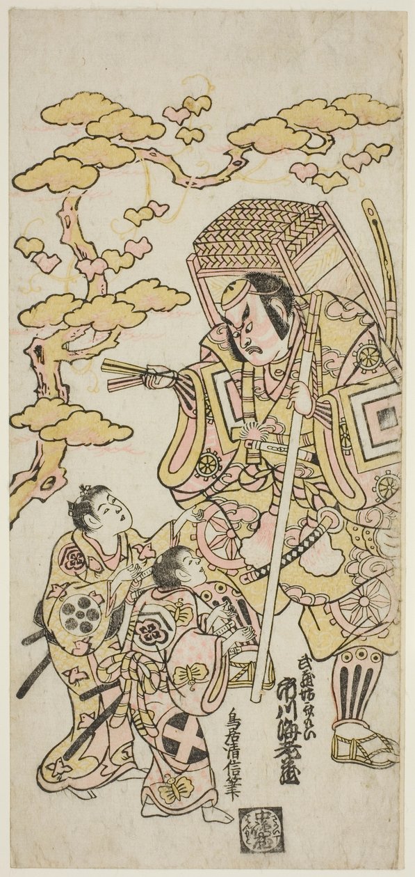 Skuespillerne Ichikawa Ebizo II som Musashibo Benkei, Sakata Shintaro (?) som Soga no Goro, og Takigawa Kinya (?) som Soga no Juro i stykket "Sazareishi Suehiro Genji," fremført på Nakamura Theatre den første måneden, 1744 av Torii Kiyonobu II