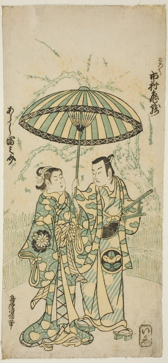 Skuespillerne Ichimura Kamezo I som Kanto Koroku og Arashi Tominosuke I som Hayasaki i stykket "Hokazo Yunzei Hachinoki," fremførte på Ichimura Theatre i den ellevte måneden, 1748 av Torii Kiyonobu II