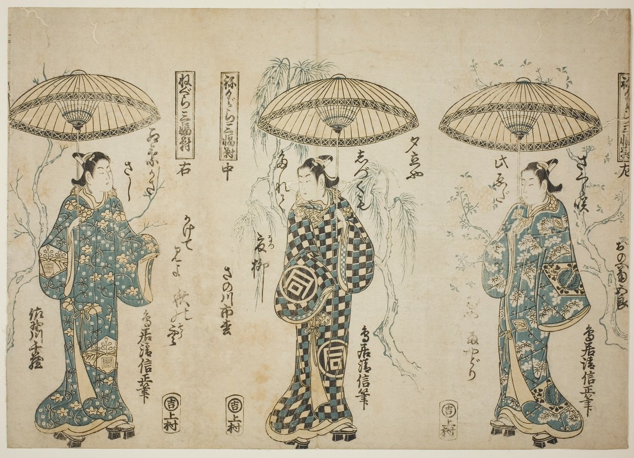 Skuespillerne Onoe Kikugoro I (til høyre), Sanogawa Ichimatsu I (i midten) og Sanogowa Senzo (til venstre), fra triptyken "Negura sanpukutsui" av Torii Kiyonobu II