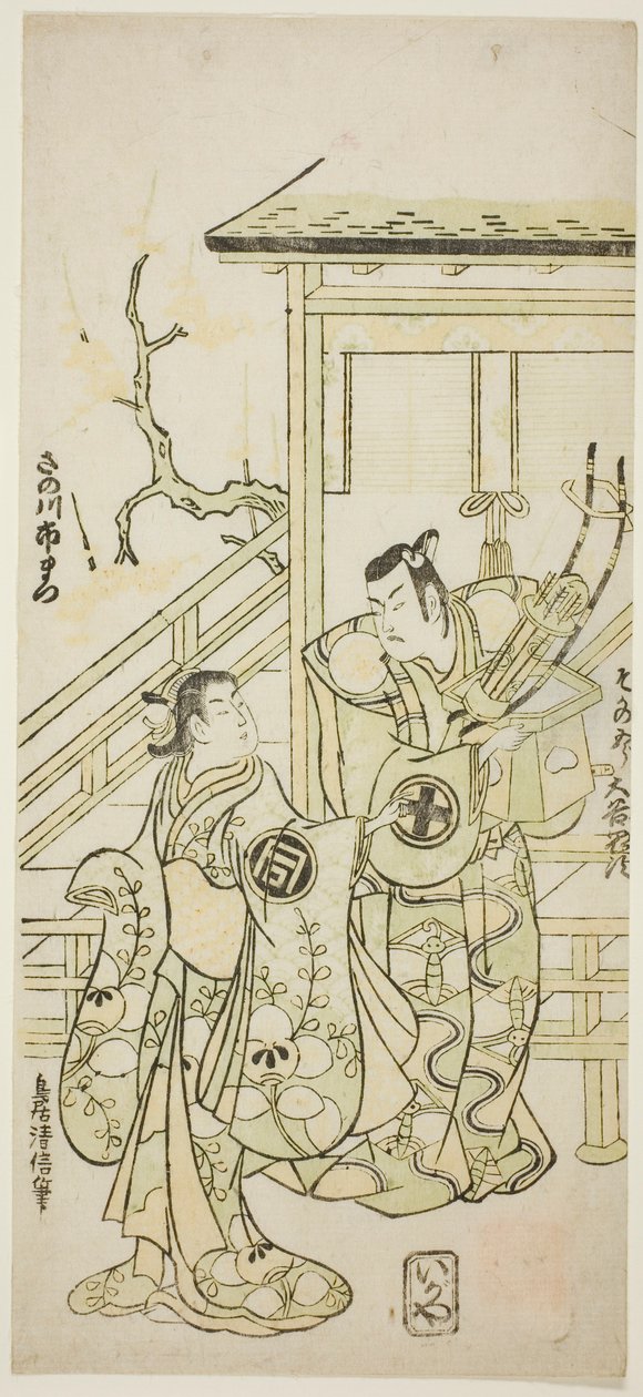Skuespillerne Otani Oniji I som Soga no Goro og Sanogawa Ichimatsu I som søsteren til Yoshinaka i stykket "Fuji no Yuki Mitsugi Soga," fremførte på Nakamura Theatre den første måneden, 1746 av Torii Kiyonobu II