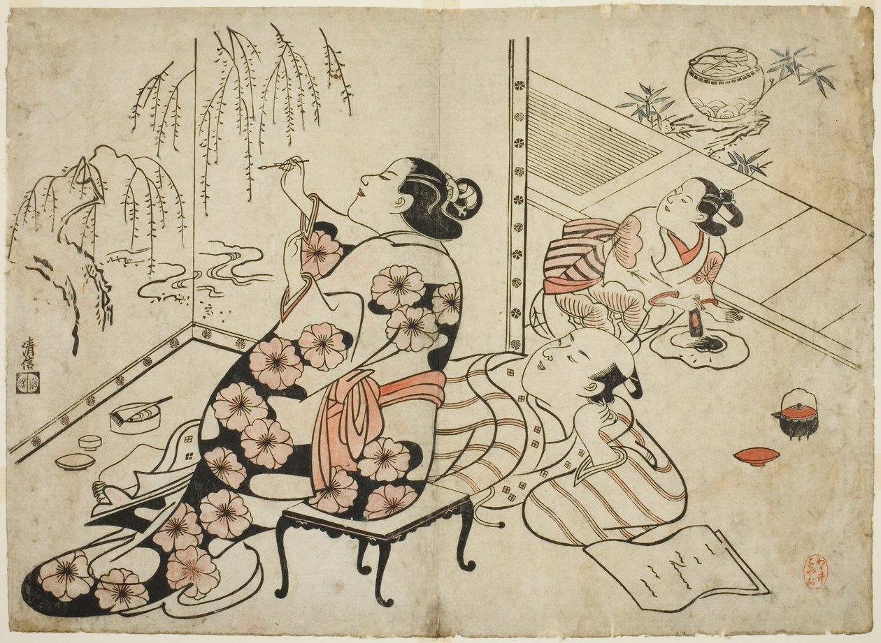 Courtesan Painting a Screen, fra en serie med 12 erotiske trykk av Torii Kiyonobu I