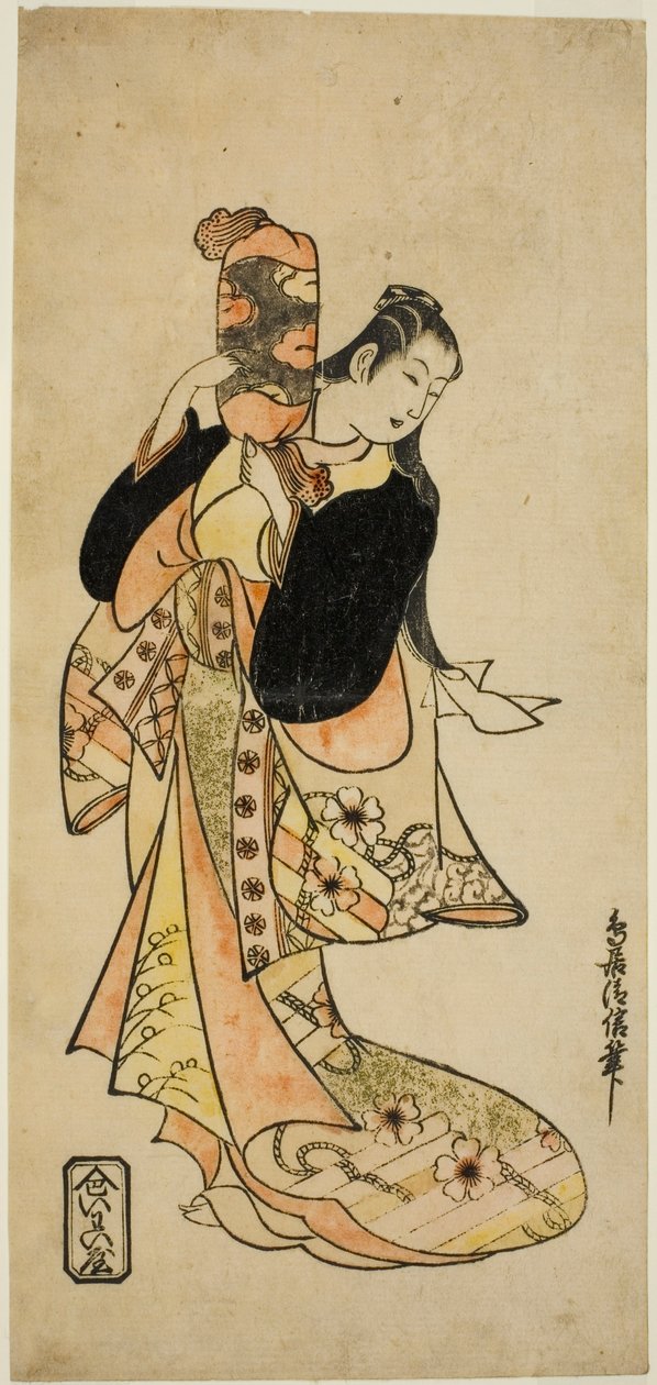Skuespilleren Ichikawa Monnosuke I som Oiso no Tora i stykket "Nigiwai Suehiro Soga," fremførte på Morita Theatre den første måneden, 1721 (?) av Torii Kiyonobu I