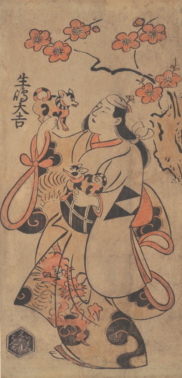 Skuespilleren Ikushima Daikichi som en kvinne som står under et Ume-tre, ca. 1705. av Torii Kiyonobu I