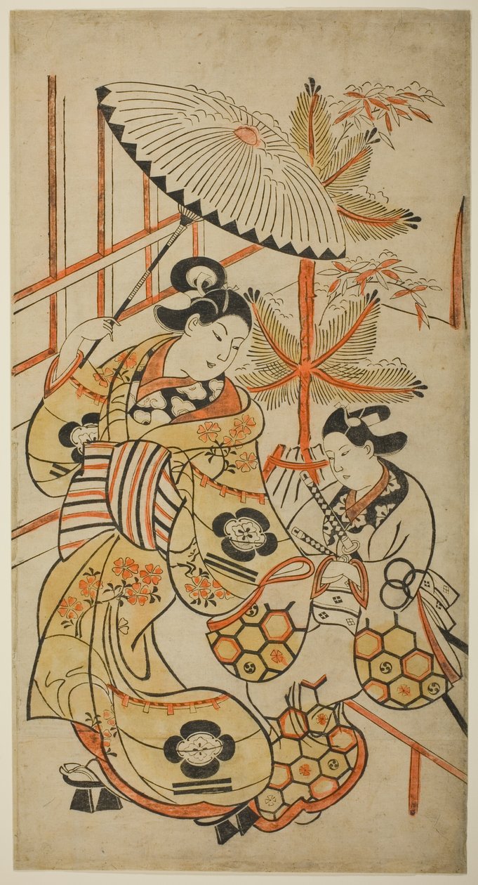Skuespillerne Matsumoto Hyozo som kurtisane og Nakagawa Hanzaburo som ung mann av Torii Kiyonobu I