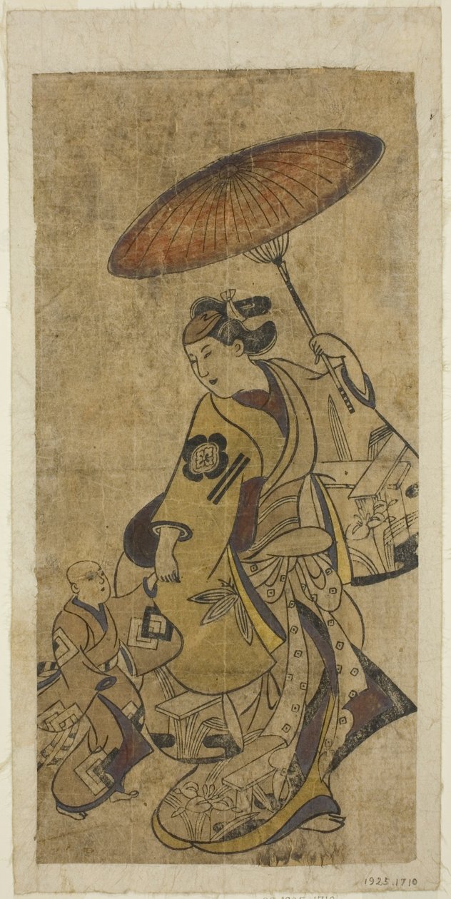 Skuespillerne Matsumoto Hyozo som kvinne som holder en paraply og Nakamura Shichisaburo I som ung gutt av Torii Kiyonobu I