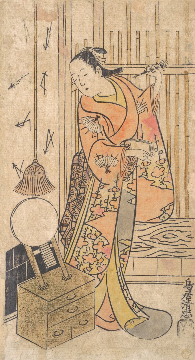 Skuespiller som kvinne som står ved et speilstativ, ca. 1735. av Torii Kiyotada