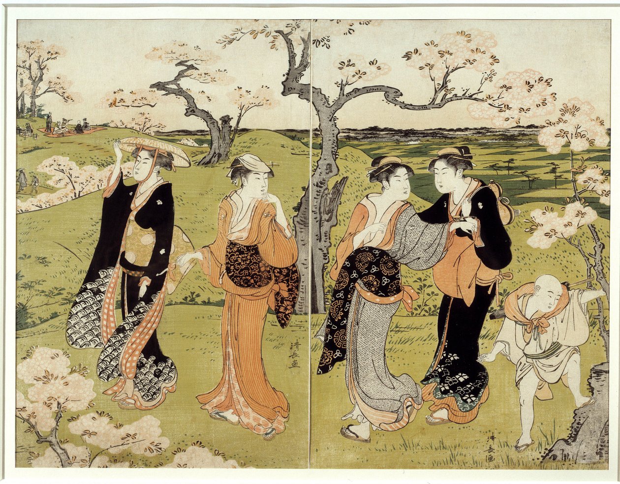 Piknik under kirsebærblomster i Assaakayama. Japansk trykk av Torii Kiyonaga (1752-1815), Ukiyo-E-stil av Torii Kuyonaga