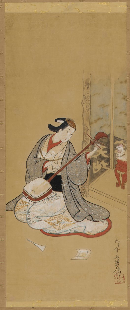 En skuespiller i kvinnelig kjole med en samisen, Edo-periode, midten av slutten av 1700-tallet. av Toriyama Sekien