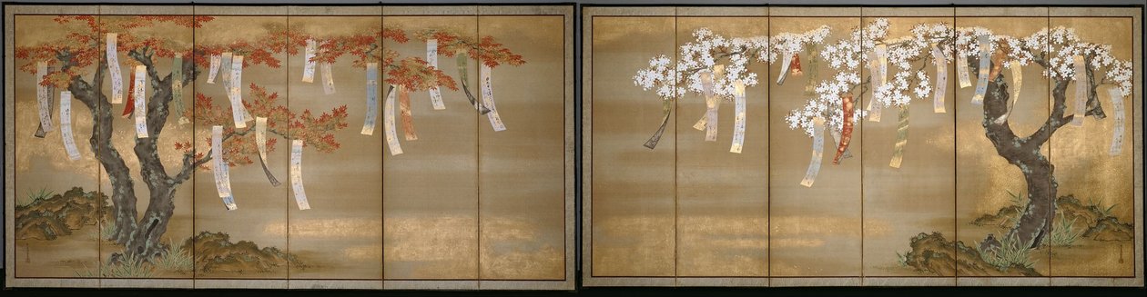 Blomstrende kirsebær og høstlønn med diktlapper av Tosa Mitsuoki