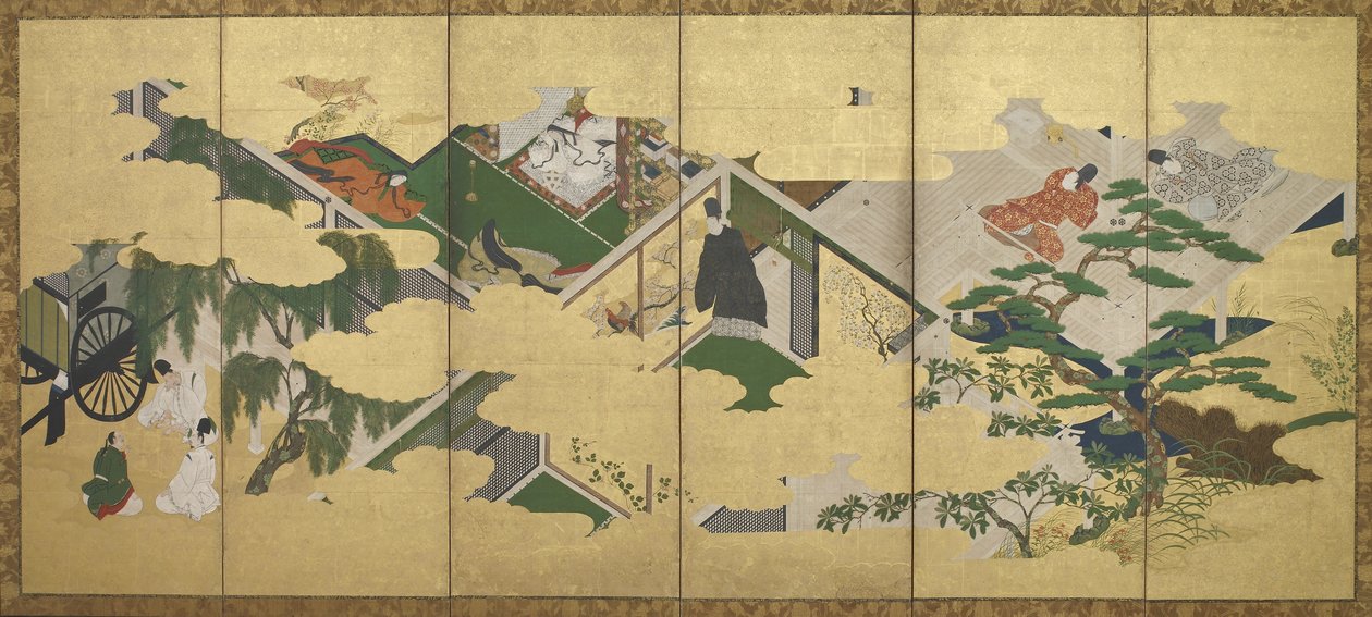 The Tale of Genji, kapittel 2: Prins Genjis besøk til Utsusemi, Edo-perioden (blekk, farge og gull på papir) av Tosa Mitsuoki
