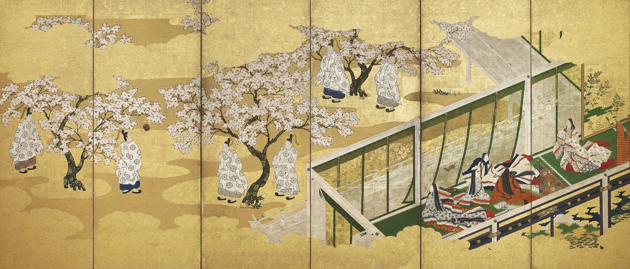 The Tale of Genji, kapittel 34; Kashiwagi får øye på den tredje prinsessen, Edo-perioden (blekk, farge og gull på papir) av Tosa Mitsuoki
