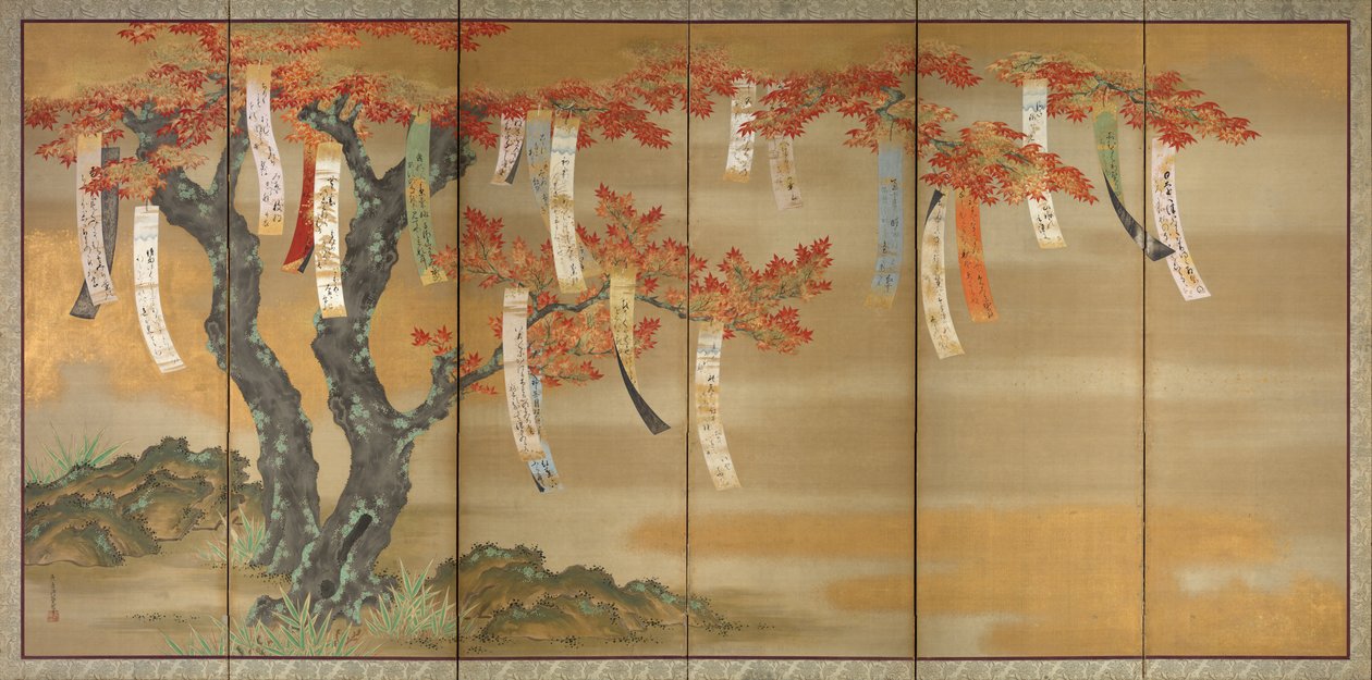 Blomstrende kirsebær og høstlønn med diktlapper, 1654-81 av Tosa Mitsuoki