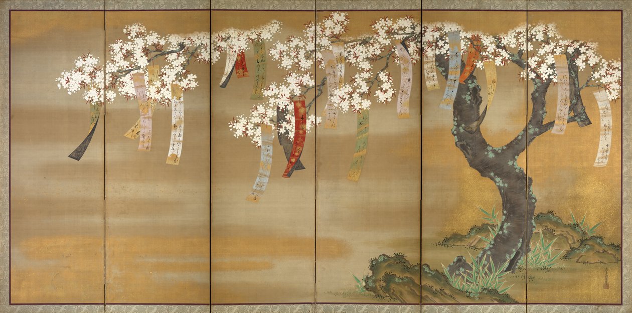 Blomstrende kirsebær og høstlønn med diktlapper, 1654-81 av Tosa Mitsuoki