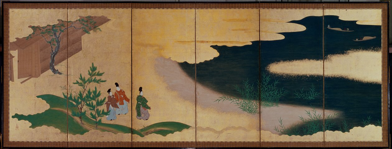Seksdelt skjerm som viser historier om Ise av Tosa Mitsuoki