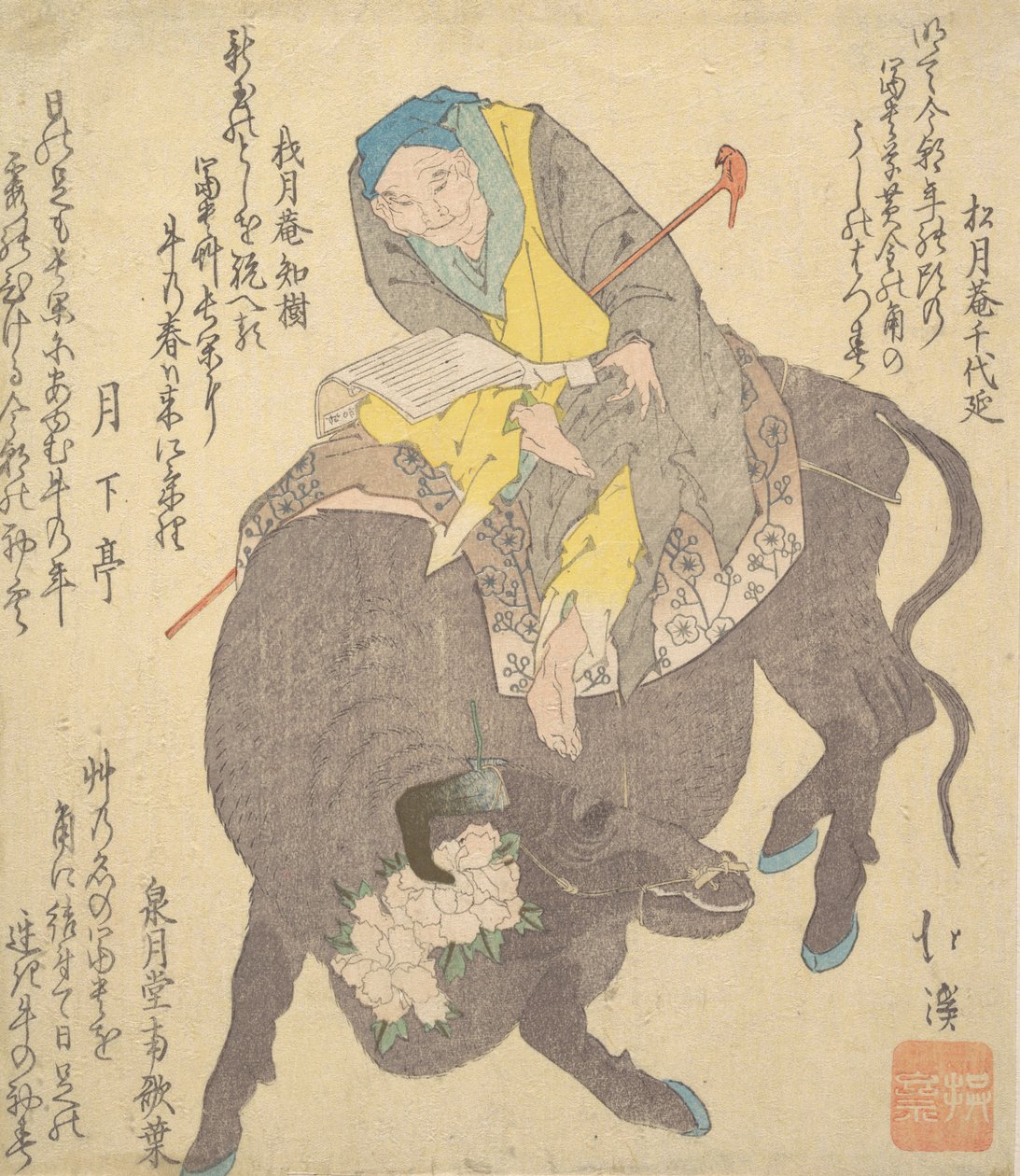 Kinesisk vismann som leser mens du sykler på en bøffel, ca. 1820. av Totoya Hokkei