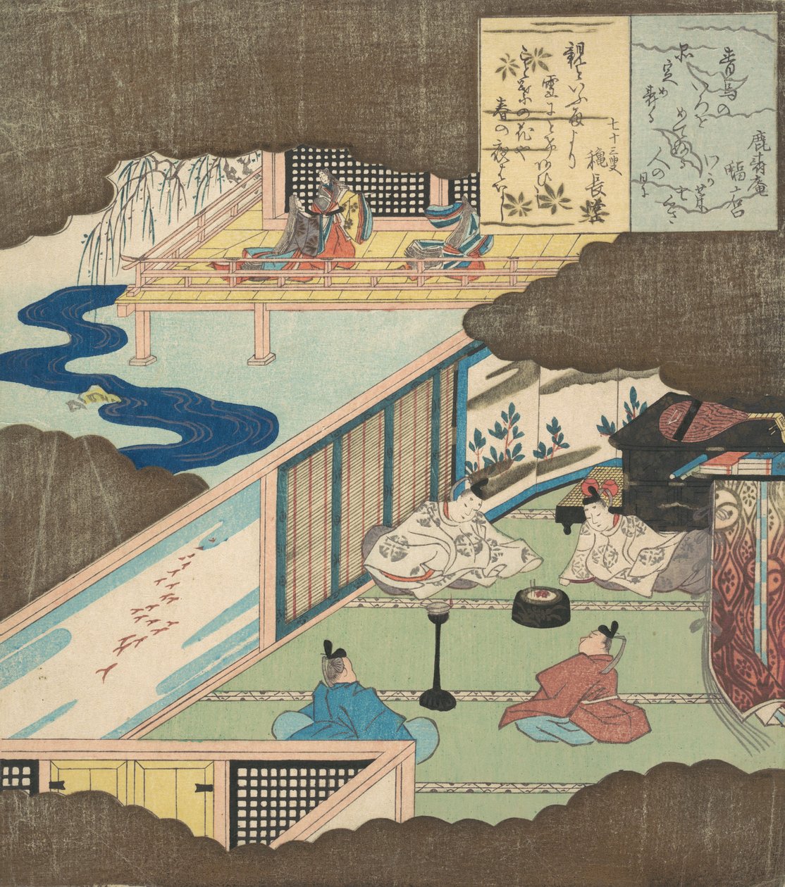 Interiør av et palass med adelsmenn som samtaler, ca. 1820. av Totoya Hokkei