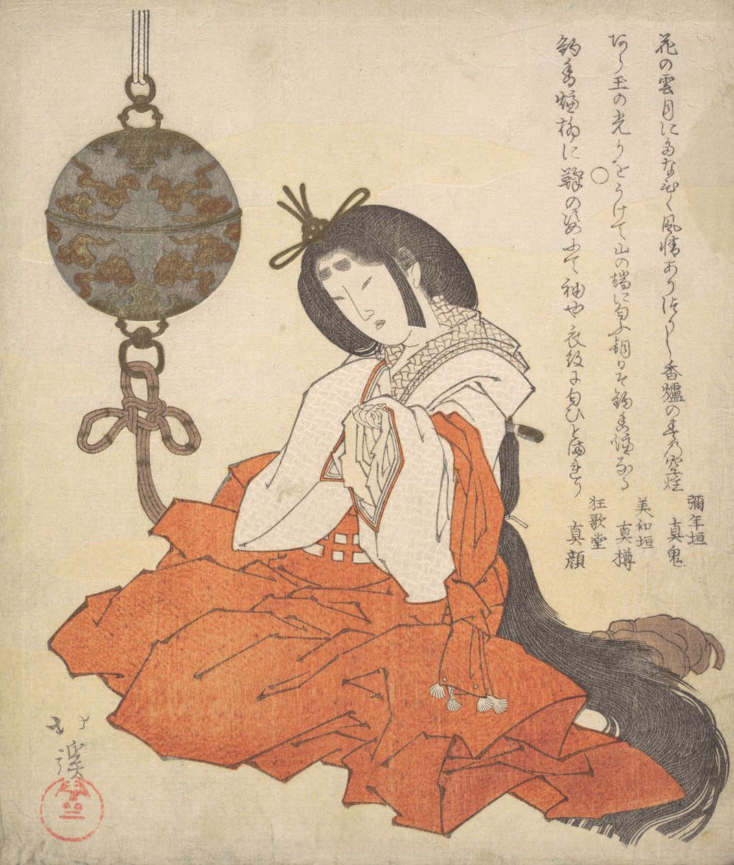 Kanjo Court Lady Sittende, og en Tsurikoro som henger nær hodet hennes, ca. 1825. av Totoya Hokkei