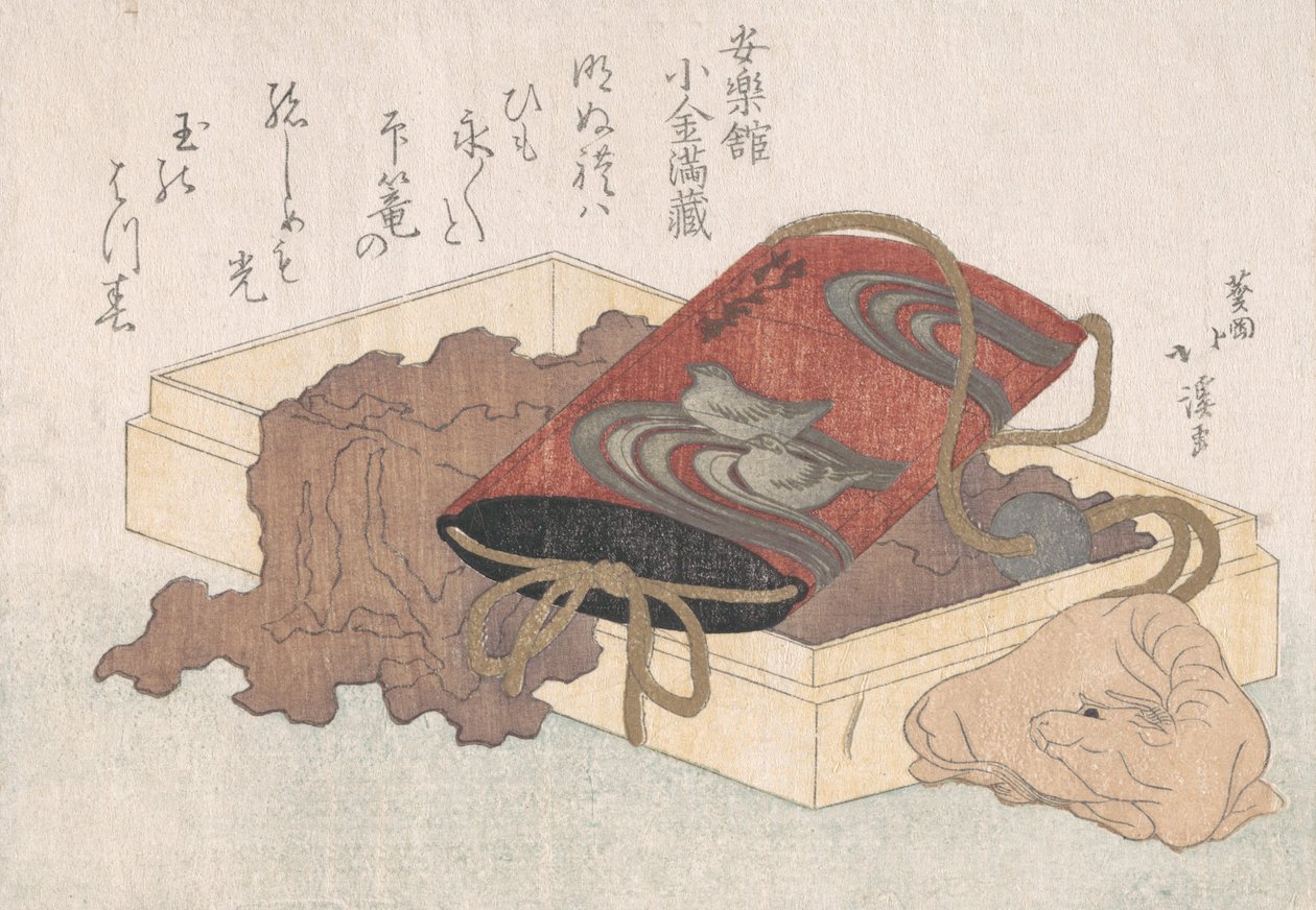 Lakk Inro med vannfugler og okseformet netsuke i en boks fra vårregnet ..., sannsynligvis 1817. av Totoya Hokkei