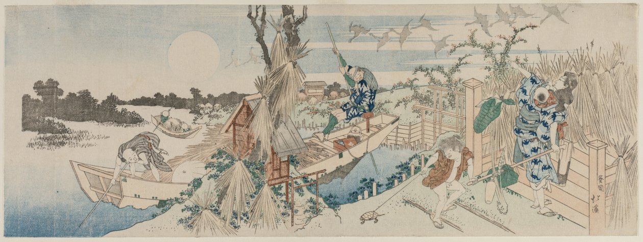Landskap med ferge, gjess og fullmåne, tidlig på 1830-tallet. av Totoya Hokkei