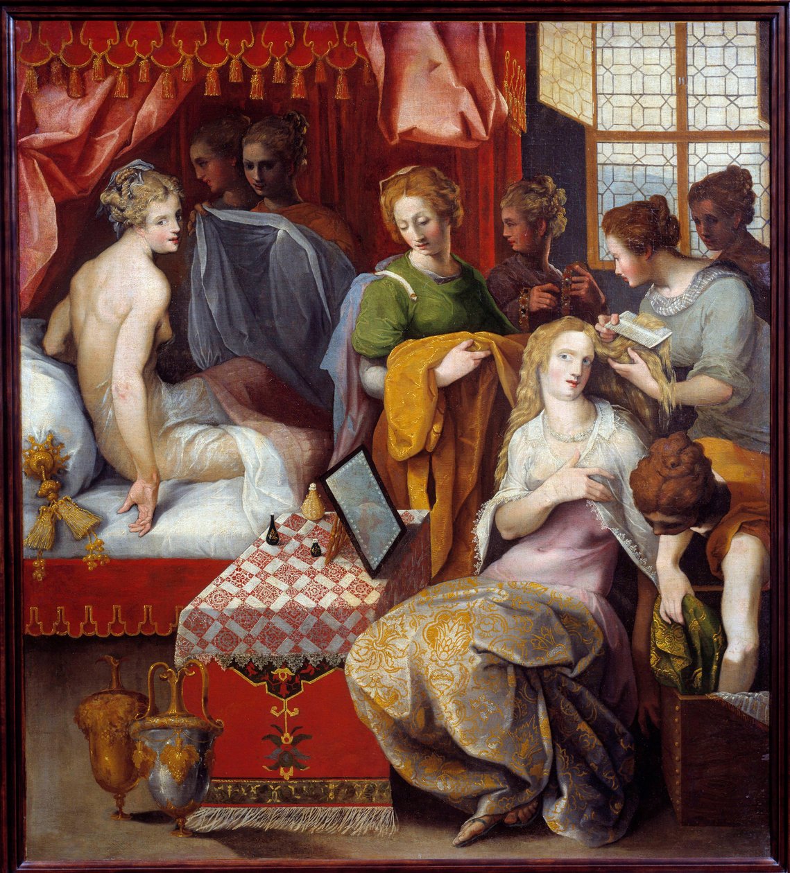 Hyante et Clymene a leur toilette Hyante (Hyanthe) et Clymene, to døtre til kongen av Kreta som heberge Francus, forelsket i denne helten, er opptatt på toalettet deres for seduire - Maleri av Toussaint Dubreuil (1561-1602) Dim 1, 07x0,96 m av Toussaint Dubreuil