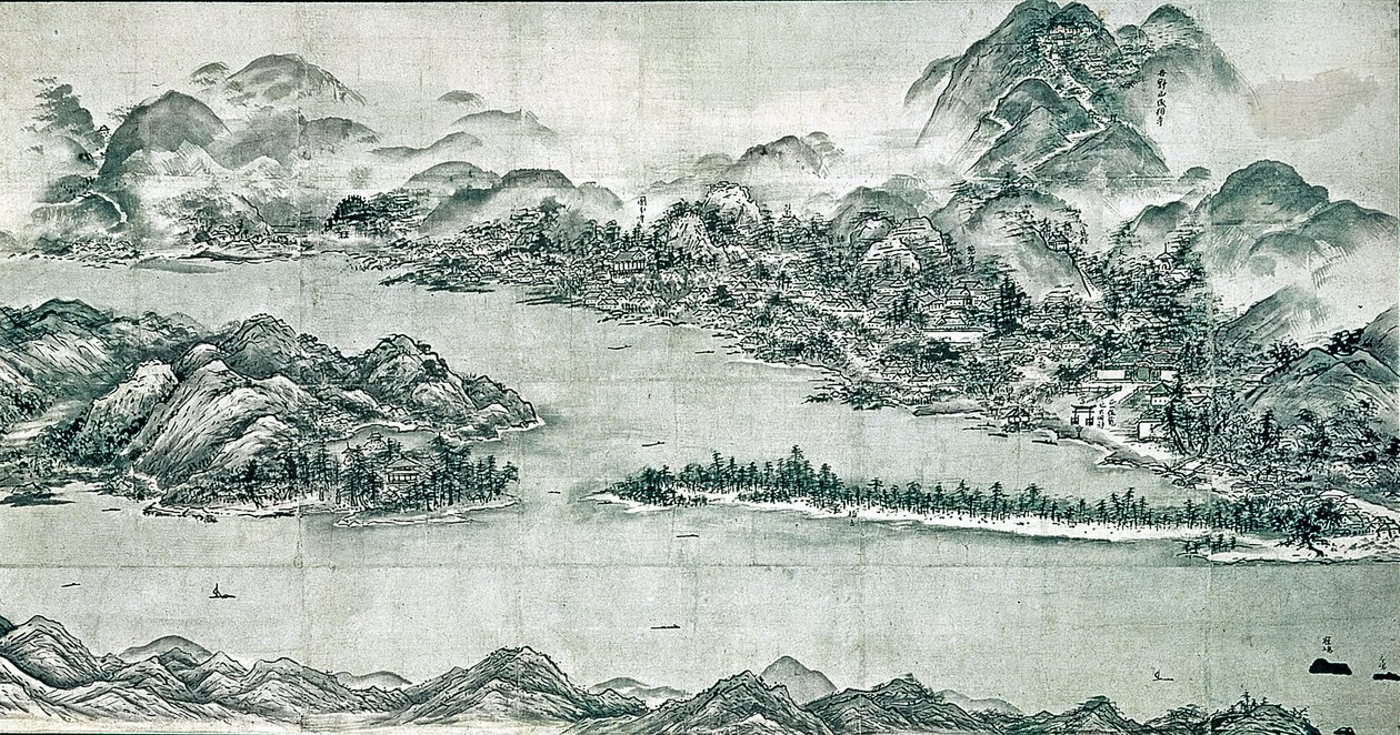 Utsikt over Ama-no-hashidate, ca. 1501-06 (blekk og lys farge på papir) av Toyo Sesshu