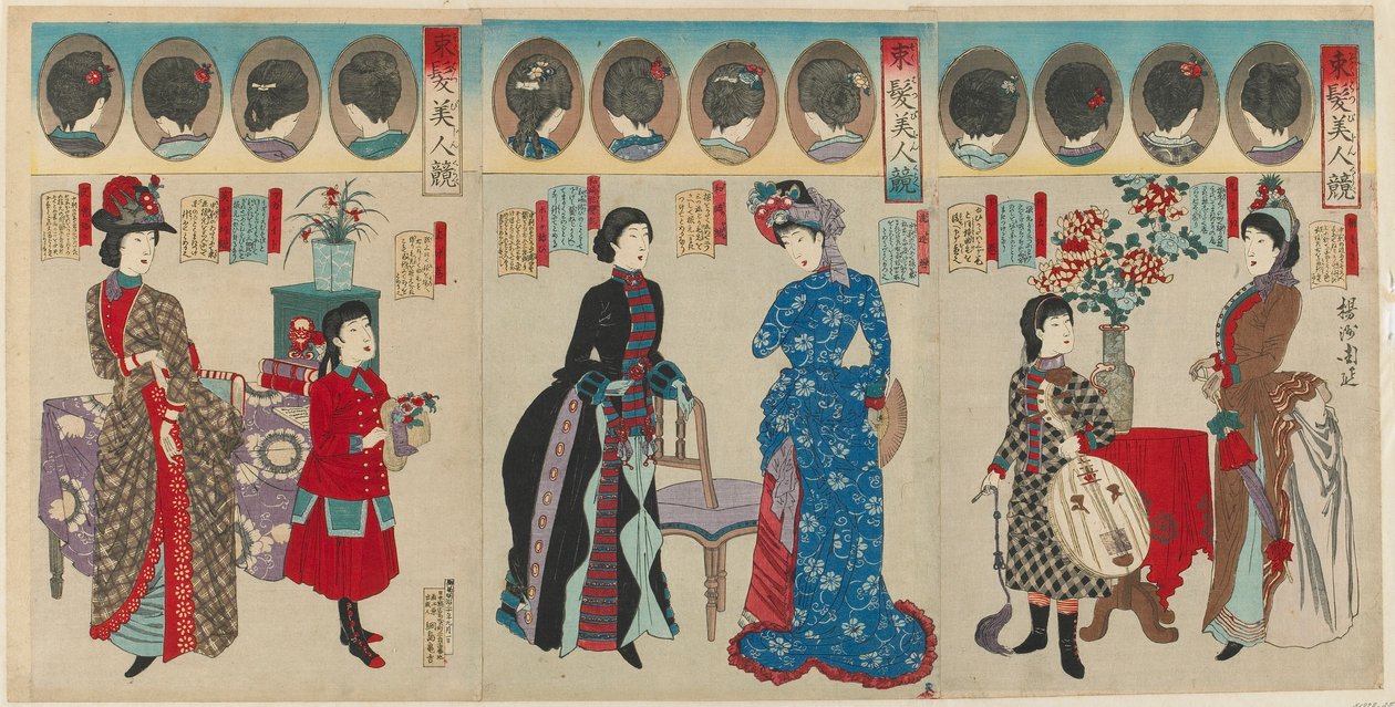 Sammenligning av vakre kvinner i vestlige coiffures, Meiji-tiden, 1887 (farget treblokktrykk) av Toyohara Chikanobu