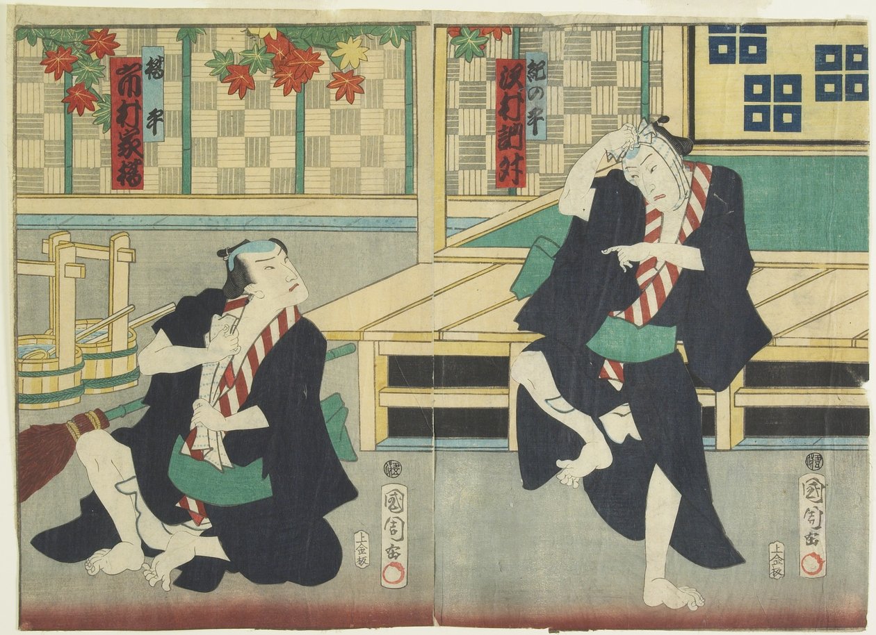 Sawamura Tossho _ Good As Kinohei An d Ichimura Kakitsui As Kippei, mai 1865 av Toyohara Kunichika