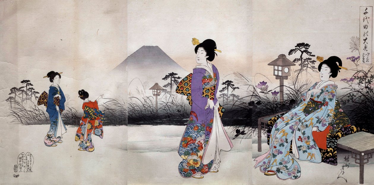 Japanske kvinner som går foran Fuji-fjellet Japansk trykk av Toyohara Chikanobu (1838-1912) 1896 Privat samling av Toyohara Chikanobu