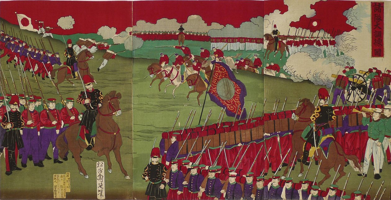 The Great Training Maneuvers av Various Army Corps Shotai dai choren no zu av Toyohara Chikanobu