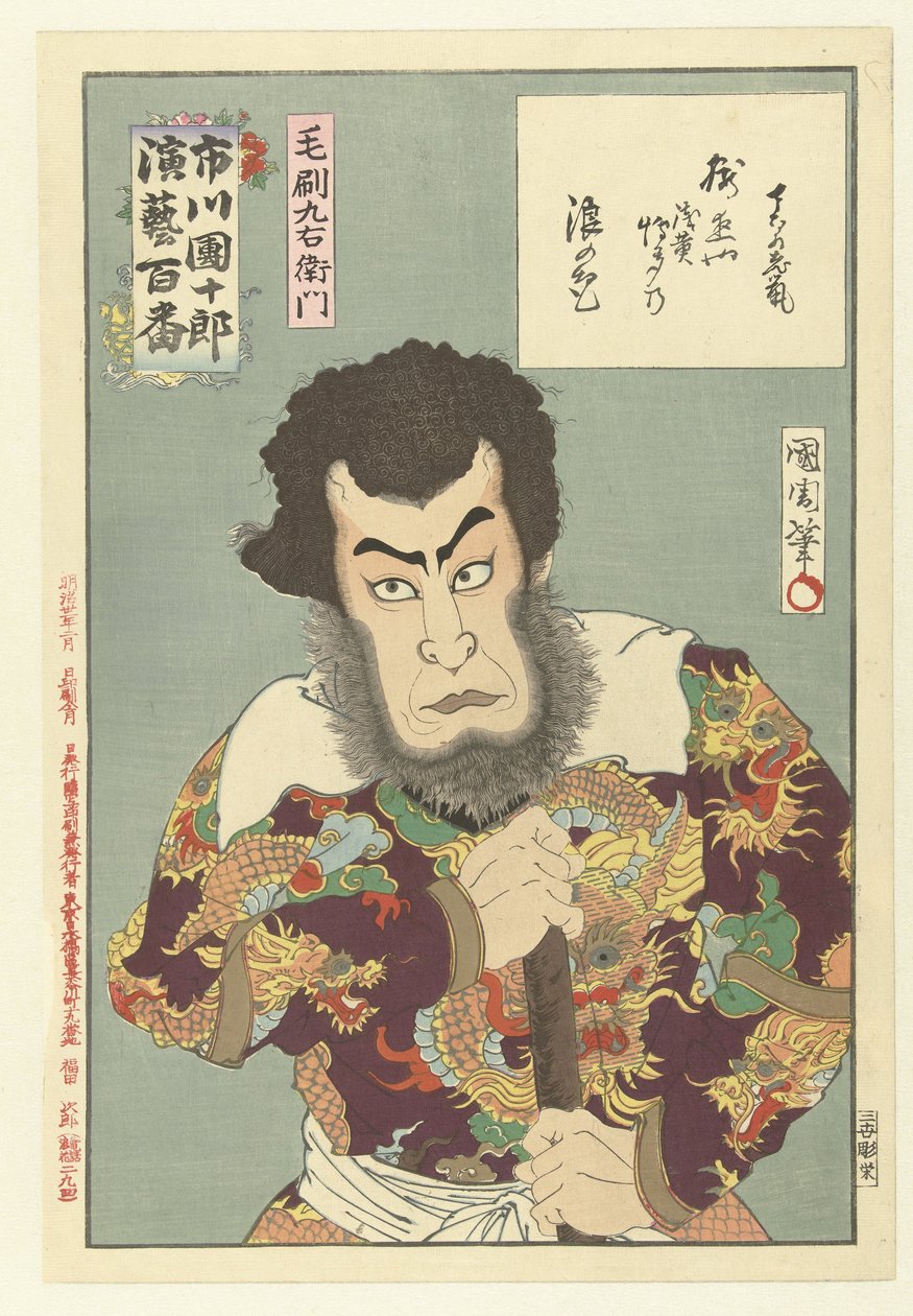 Ichikawa Danjuro IX som Kezori Kyuemon Kezori Kyuemon (tittel på objekt) Honderd rollen van Ichikawa Danjuro IX (serietittel) Ichikawa Danjuro engei hyakuban (serietittel på objekt) av Toyohara Kunichika