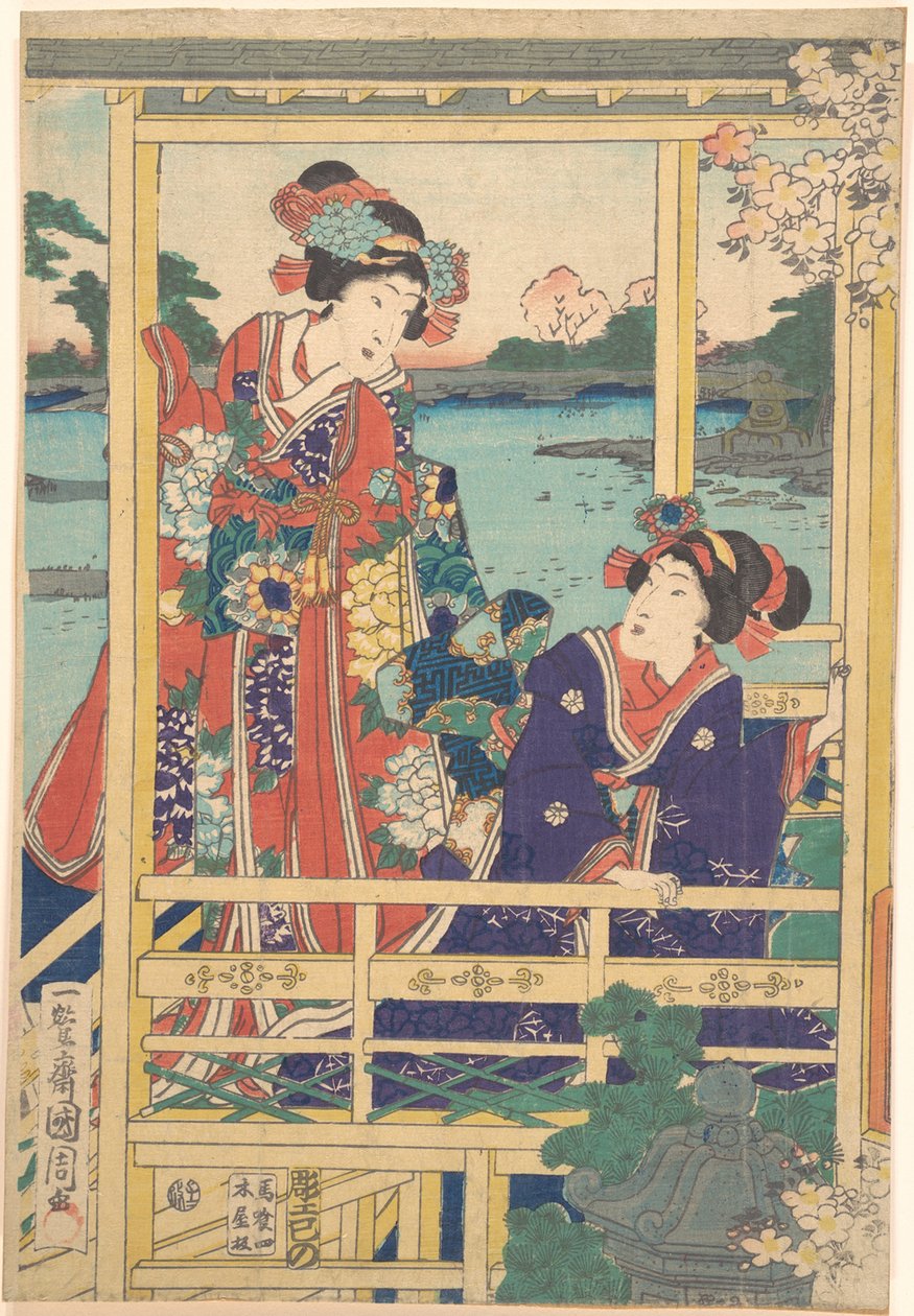 To skjønnheter i Spring Garden med en dam av Toyohara Kunichika