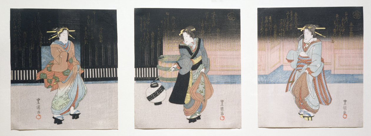 Geisha at Night Triptych, 1818-30 (treblokkgravering) av Toyokuni II