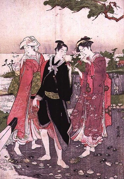 To jenter og en ungdom på en strand, pub. ca. 1780 av Utagawa Toyokuni