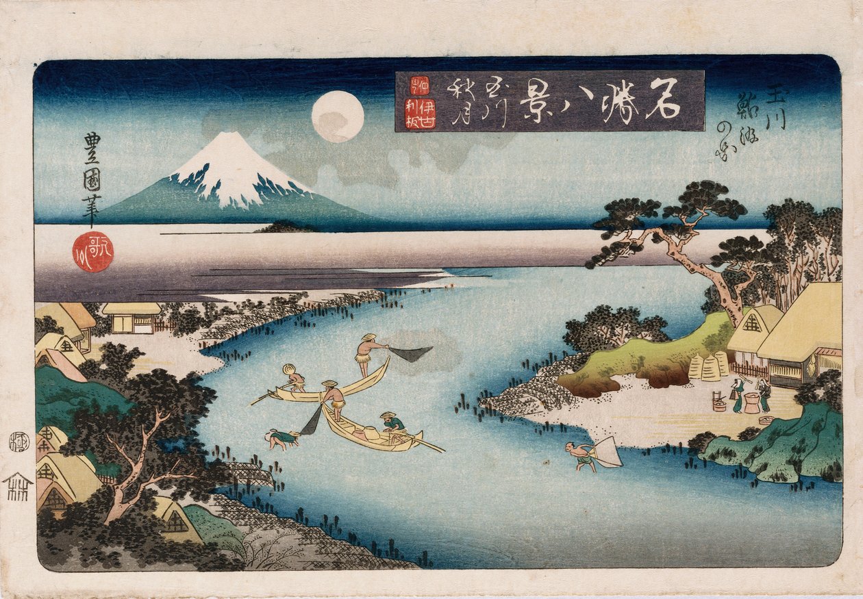Autumn Moon, Tama River", fra serien "Åtte utsikt over kjente steder" av Toyokuni II